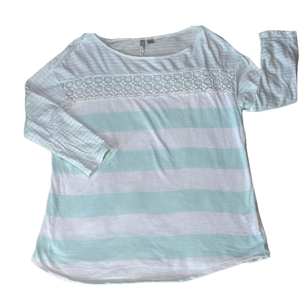 Lauren Conrad Striped Teal Relaxed Blouse Crochet Accent Women Size Small NWOT